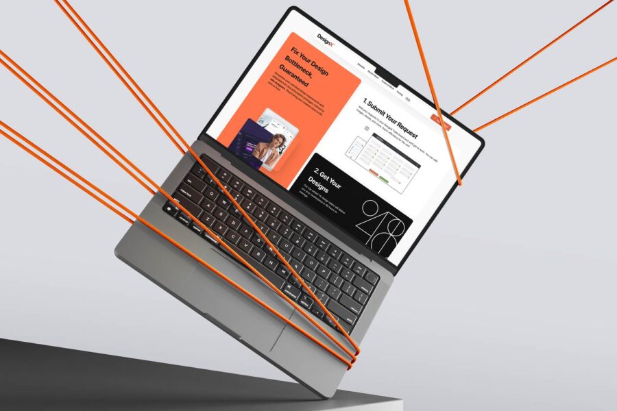 DesignX - Laptop displaying DesignX website with orange strings attached, highlighting the 'Submit Your Request' and 'Get Your Designs' sections.