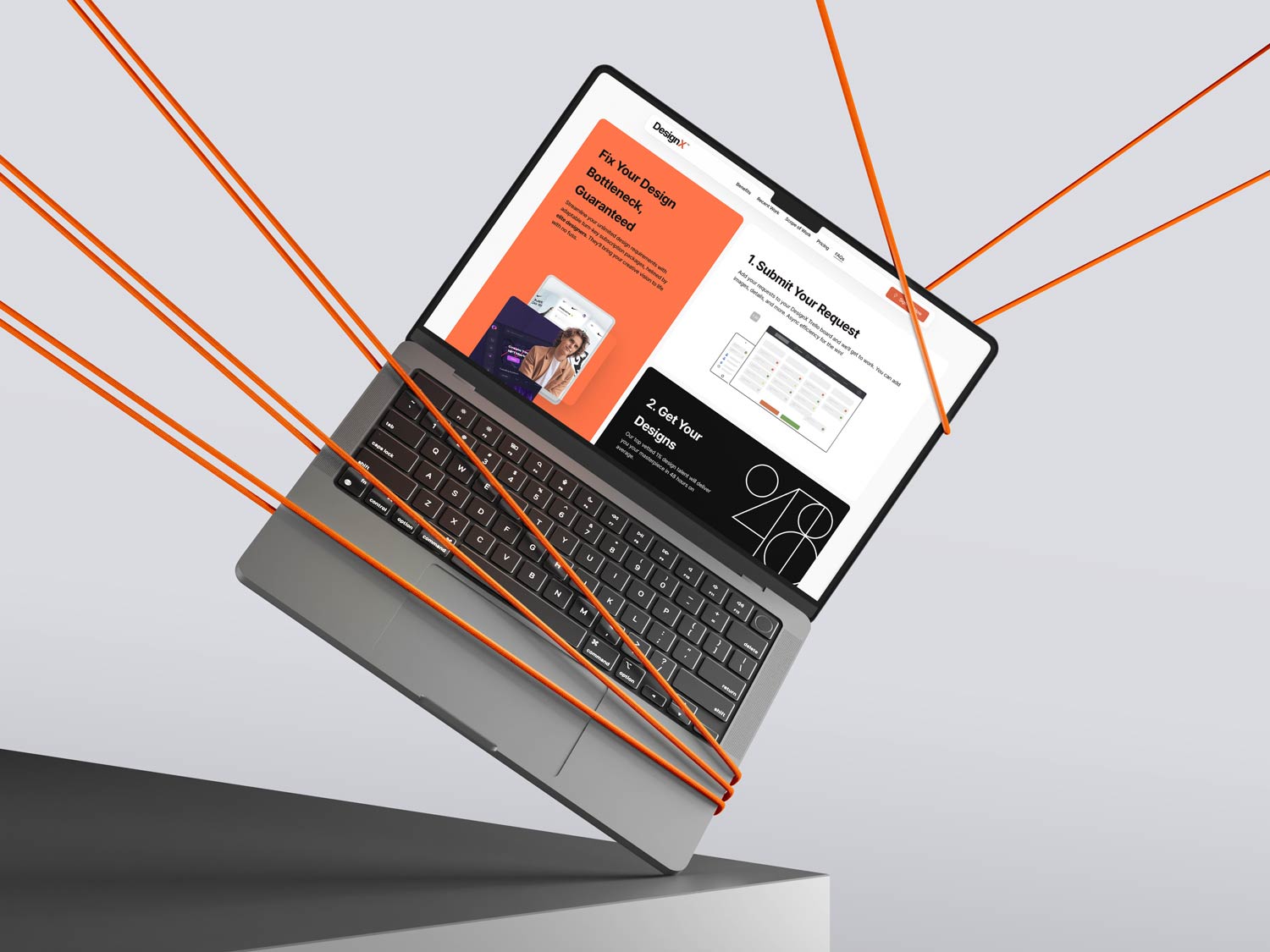DesignX - Laptop displaying DesignX website with orange strings attached, highlighting the 'Submit Your Request' and 'Get Your Designs' sections.