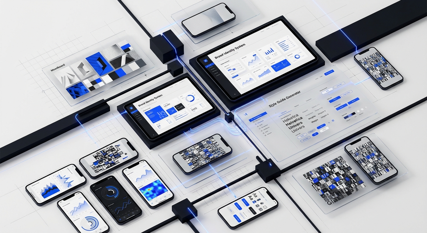 AI-assisted professional brand design - identity system dashboards and moodboards