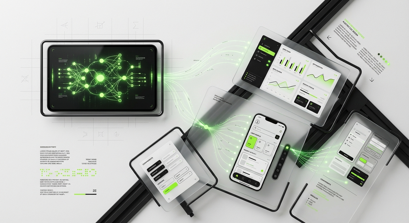 AI UI generators 2026 - neural network transforming into polished UI layouts