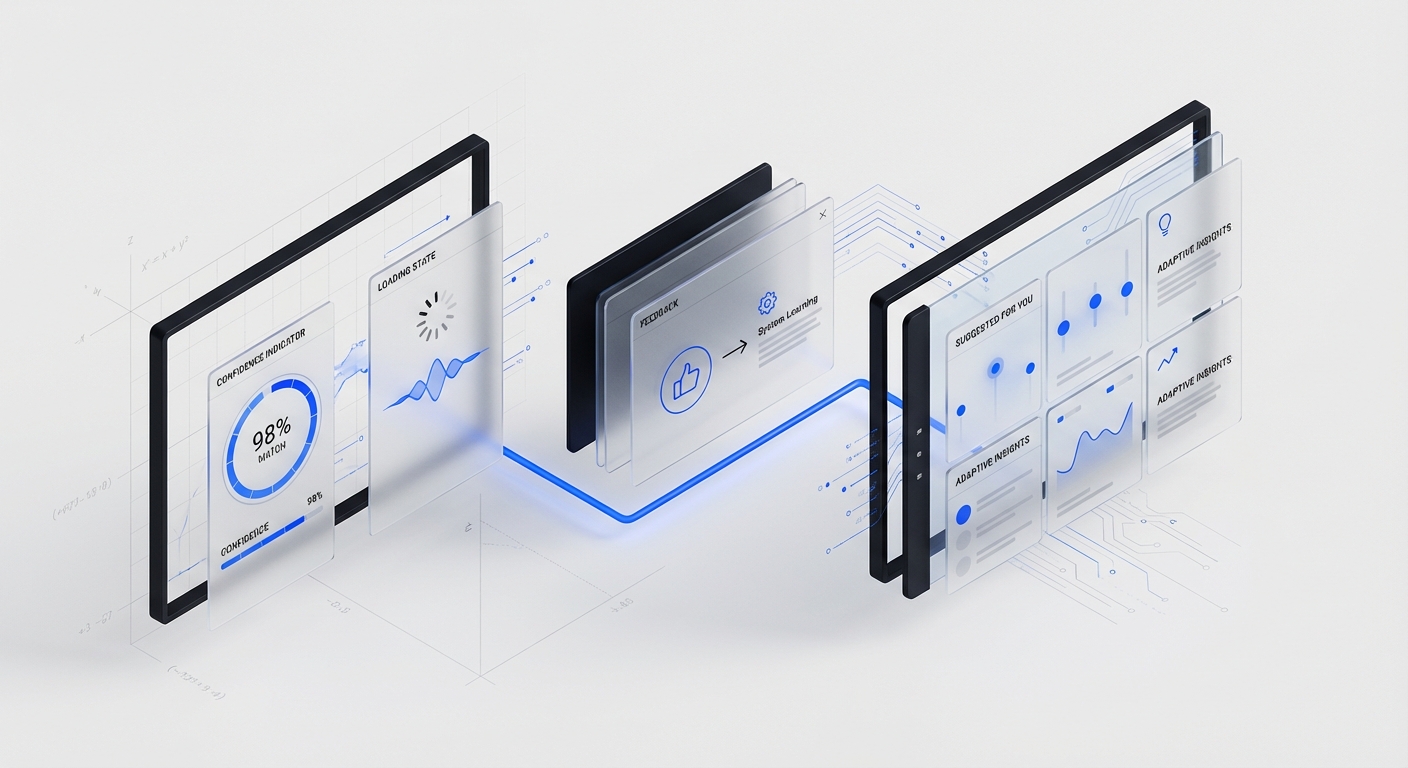 Core AI UX patterns - floating ML interface components with confidence indicators