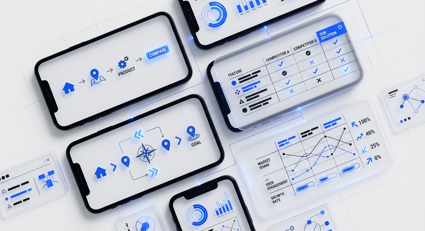AI-powered competitive analysis - data grids and comparison matrices on frosted glass screens