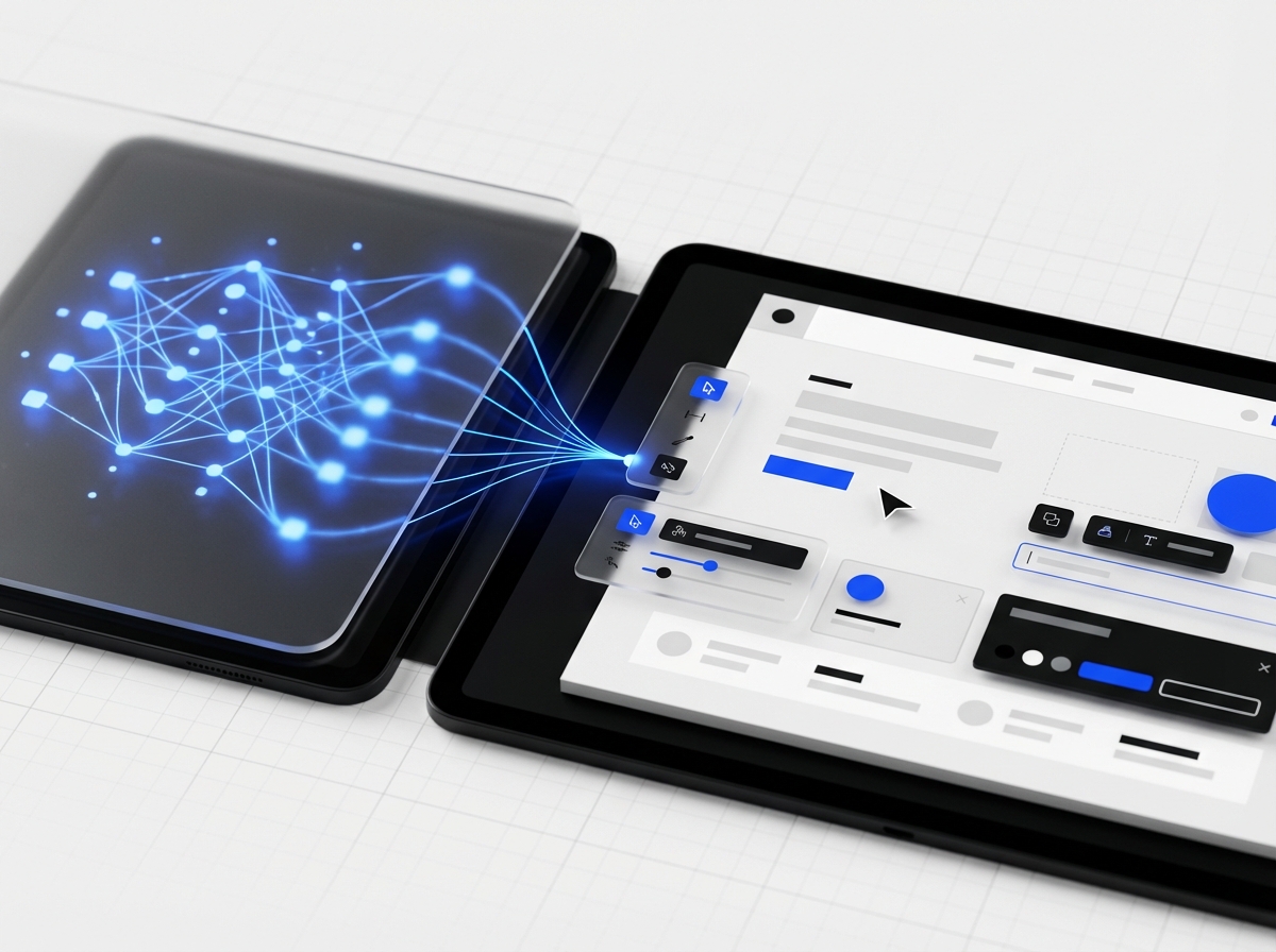 DesignX AI-accelerated approach - neural network feeding into polished website preview