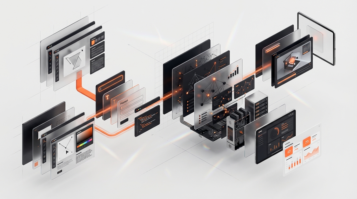 AI-augmented design workflow - exploded view of connected workflow pipeline components
