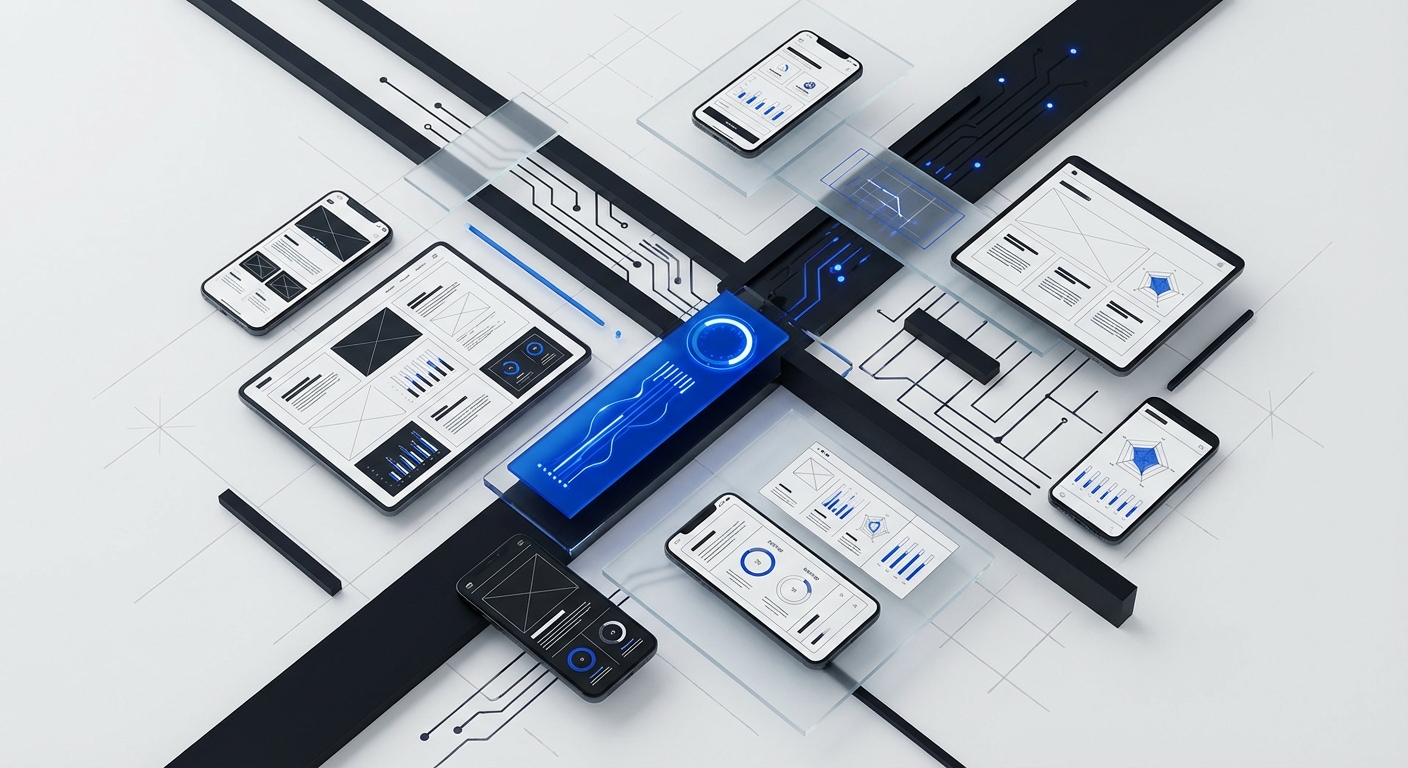 Abstract editorial illustration of minimal device screens showing web design agency portfolio interfaces