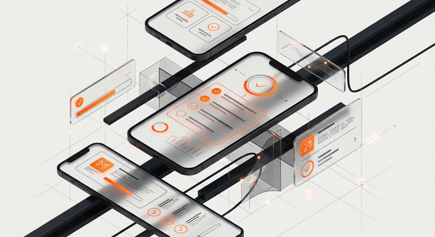Abstract editorial illustration of floating screens displaying agency evaluation checklist interfaces