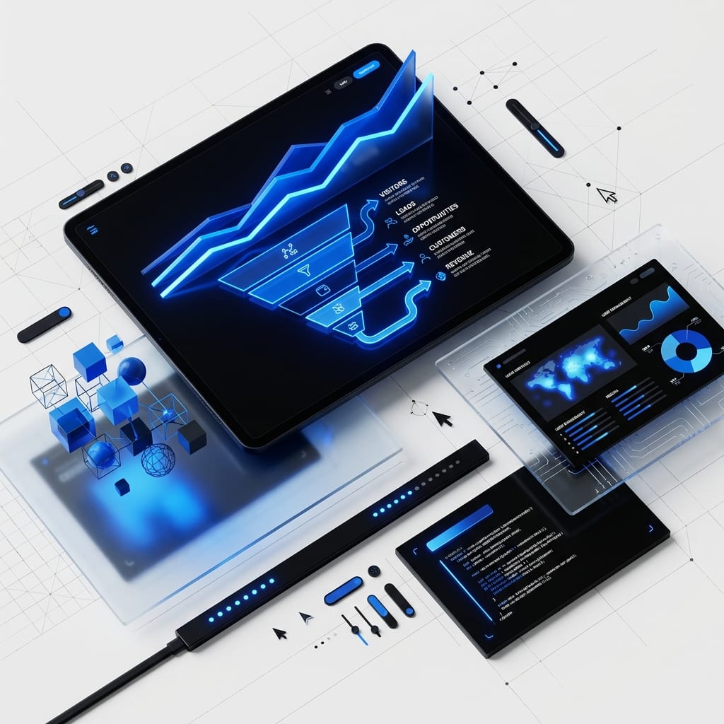 Abstract editorial illustration of a minimal dashboard showing website as business tool with conversion metrics