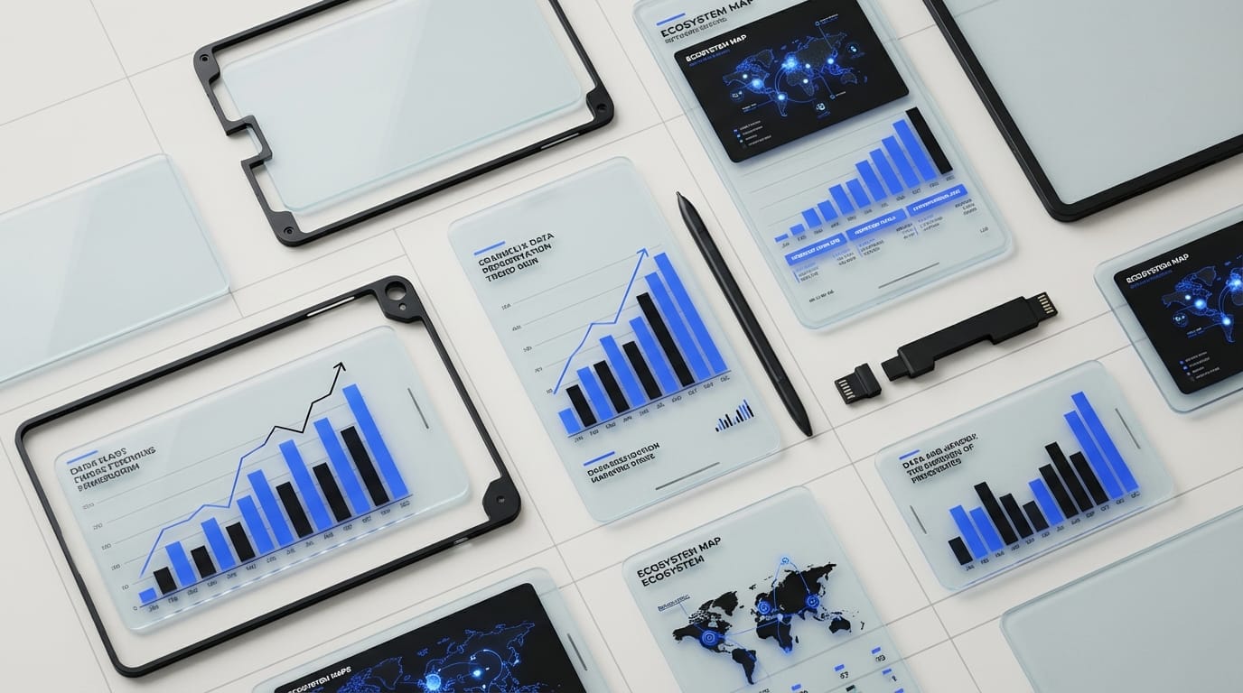 Abstract editorial illustration of glass screens showing Boise tech sector growth data visualization