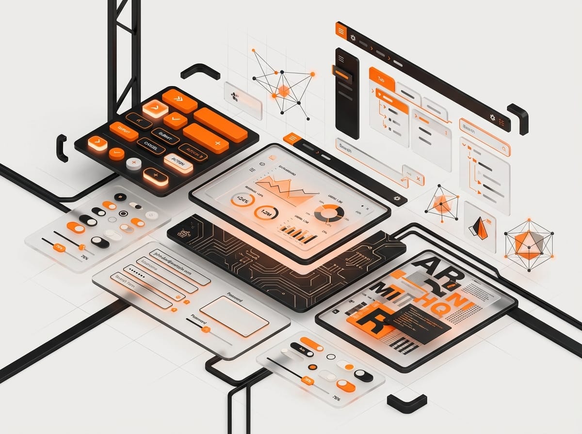 Abstract editorial illustration of floating UI component cards showing enterprise design system elements