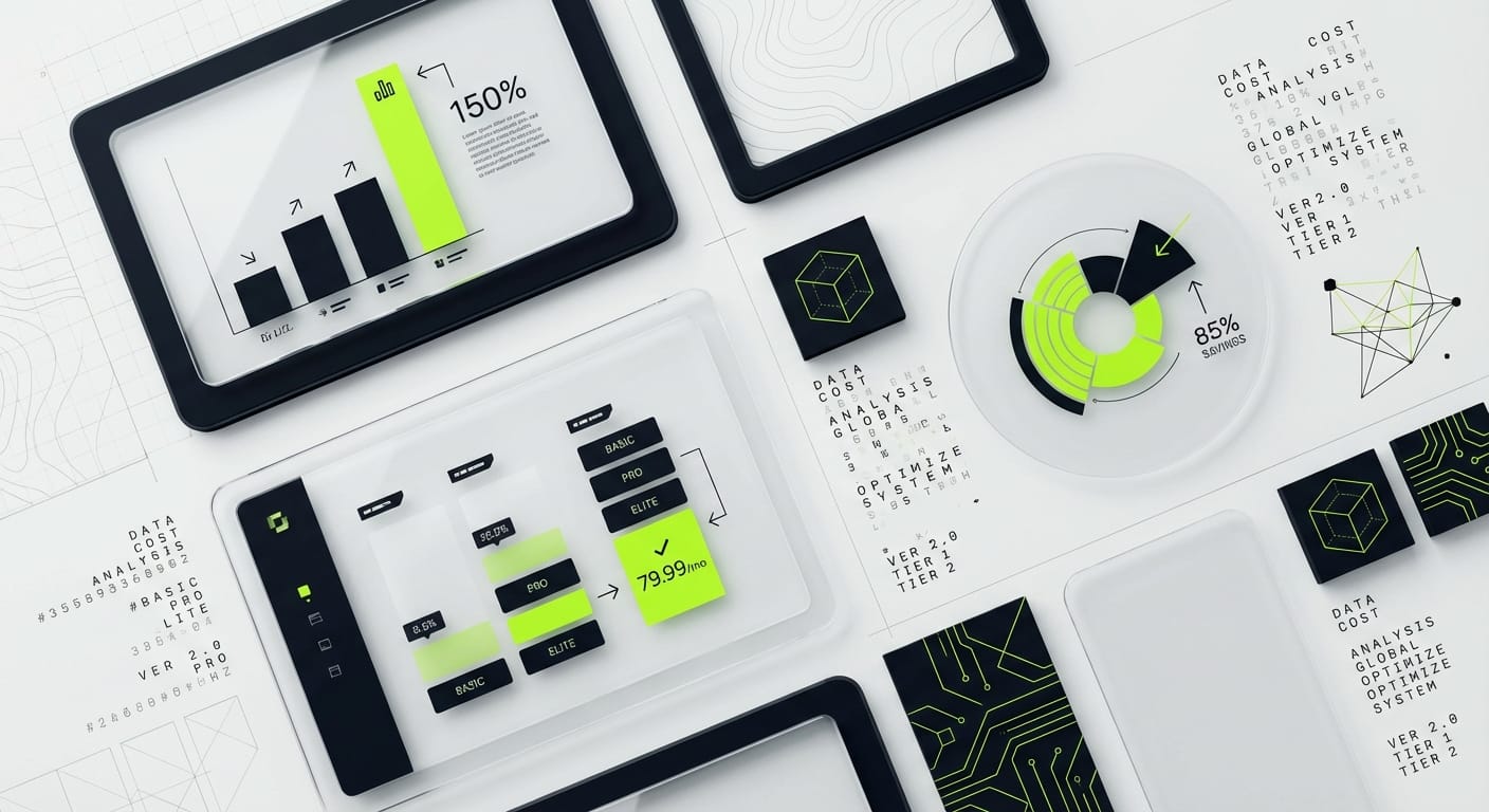 Abstract editorial illustration of glass screens showing website pricing tier comparison charts