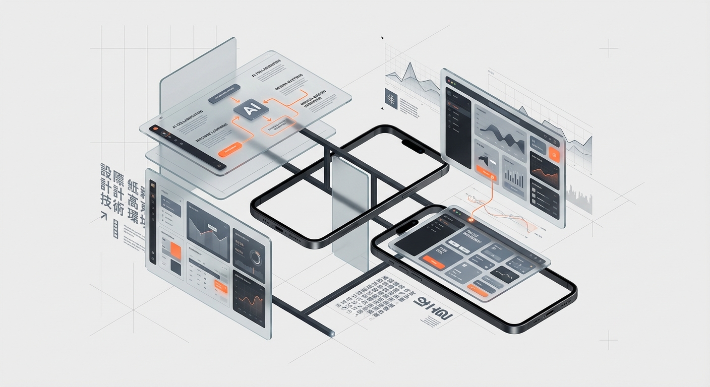 AI-augmented agency model - floating devices showing collaborative AI design workflows