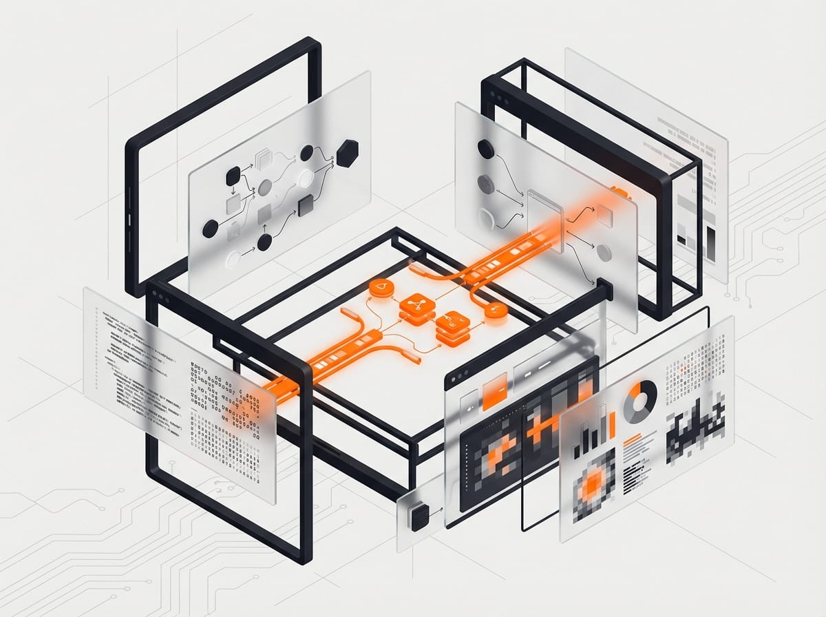 Abstract editorial illustration of floating screens showing headless CMS decoupled architecture diagram