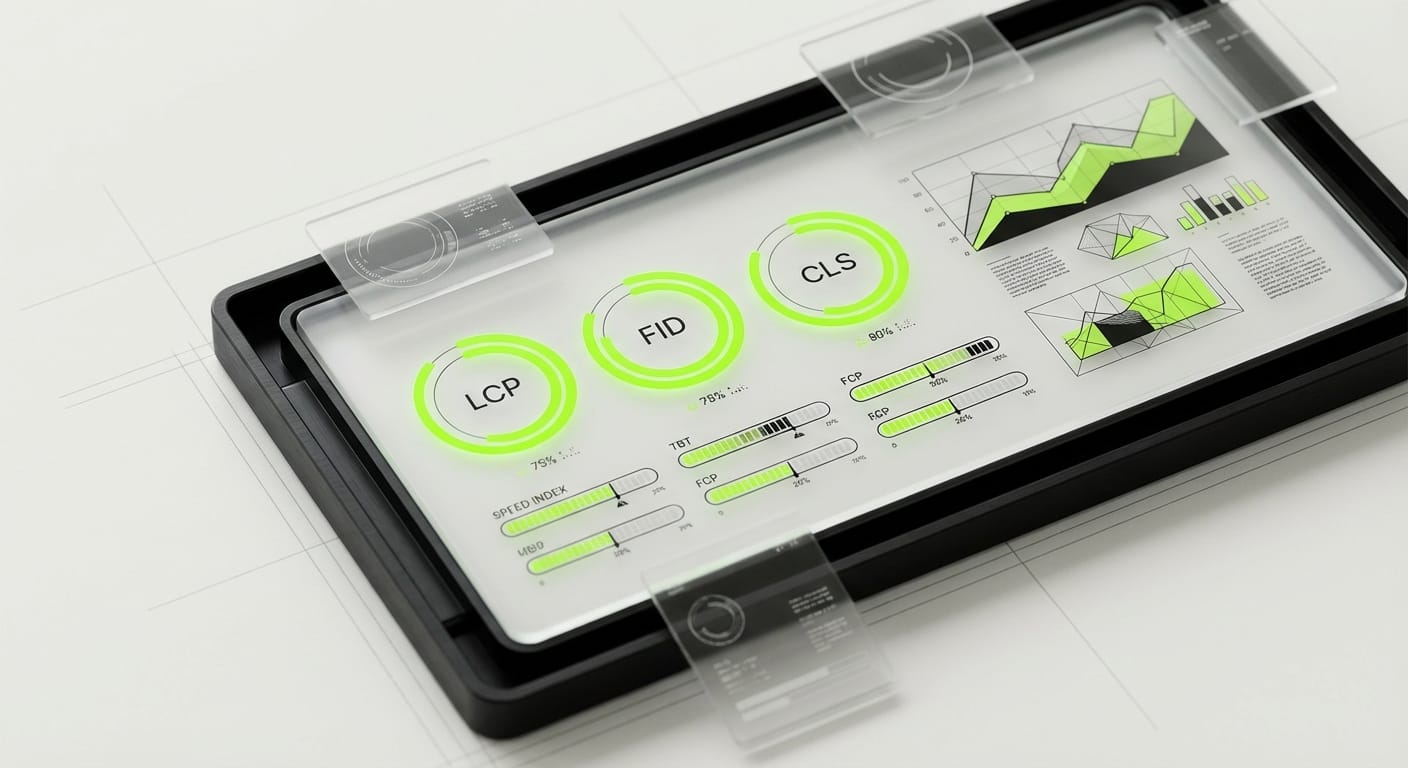 Abstract editorial illustration of a device screen showing performance optimization metrics and speed dashboards