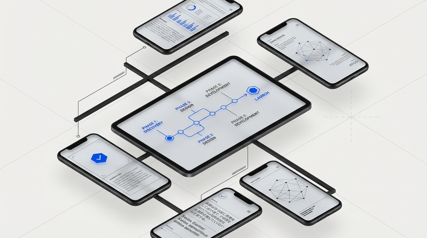 Abstract editorial illustration of device screens showing enterprise design methodology roadmap interfaces