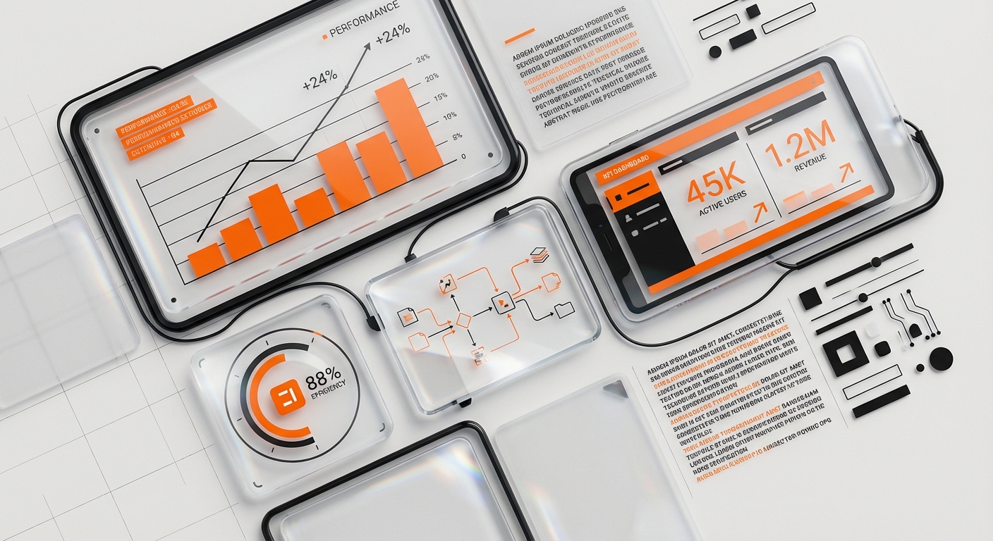 Abstract editorial illustration of glass screens displaying enterprise performance metrics and KPI dashboards