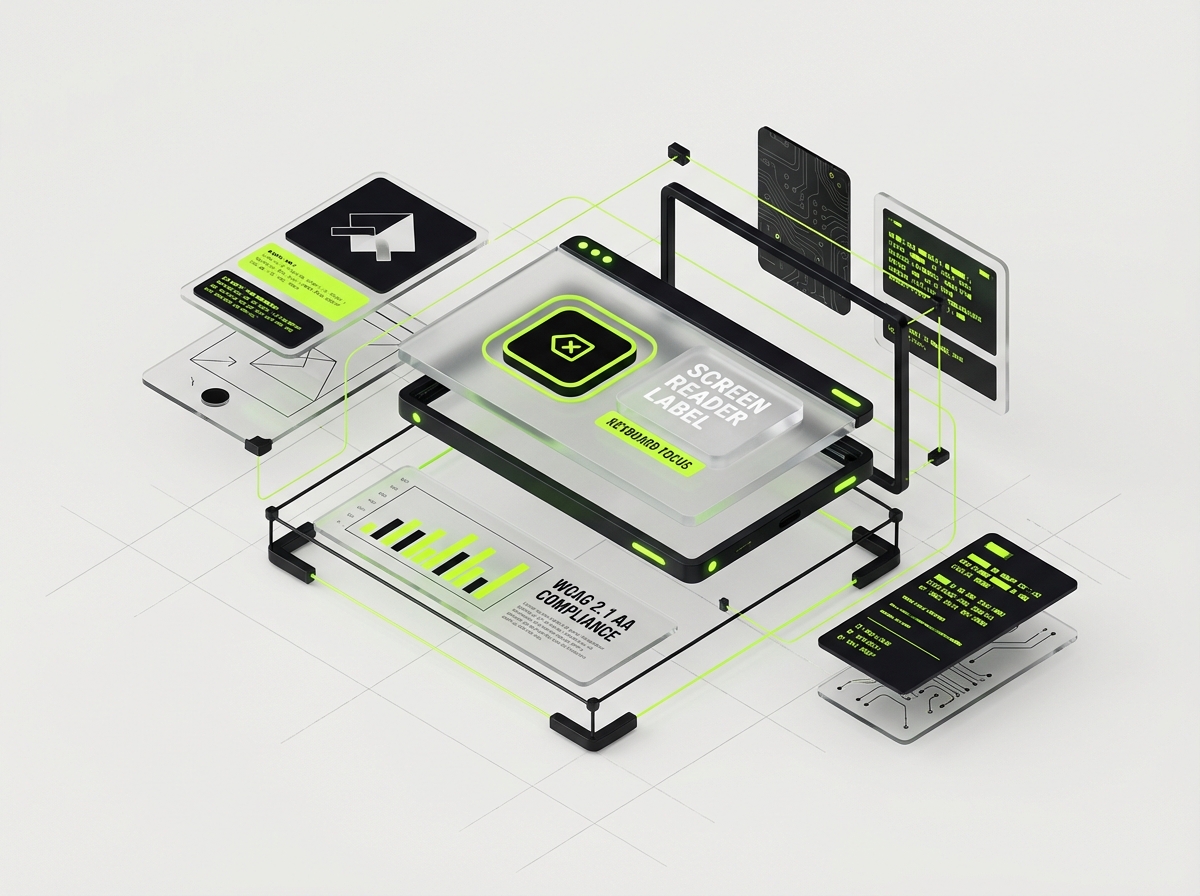 Dashboard accessibility - floating UI components showing WCAG compliance and inclusive design elements