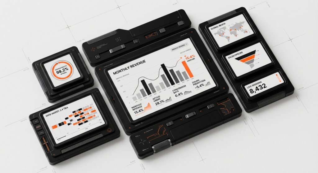 SaaS dashboard design best practices - abstract editorial illustration of a modular command center console