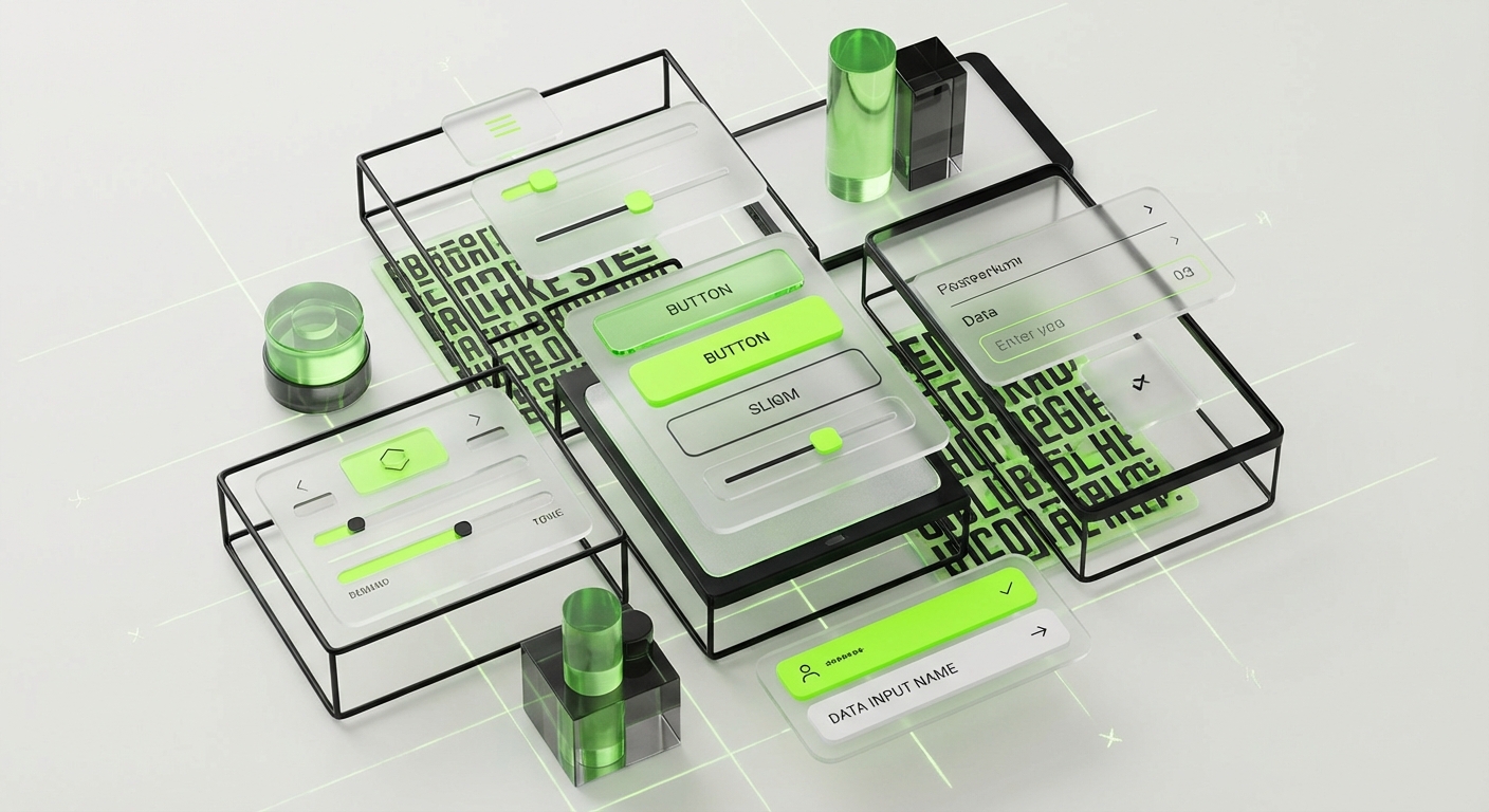 Abstract editorial illustration of floating UI components showing SaaS platform redesign elements
