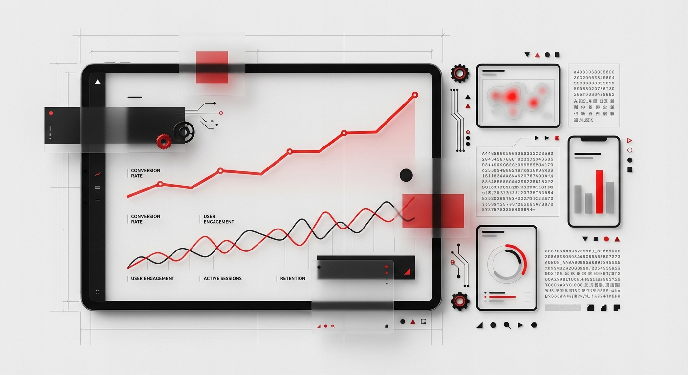 Abstract editorial illustration of a minimal dashboard screen showing SaaS launch performance metrics