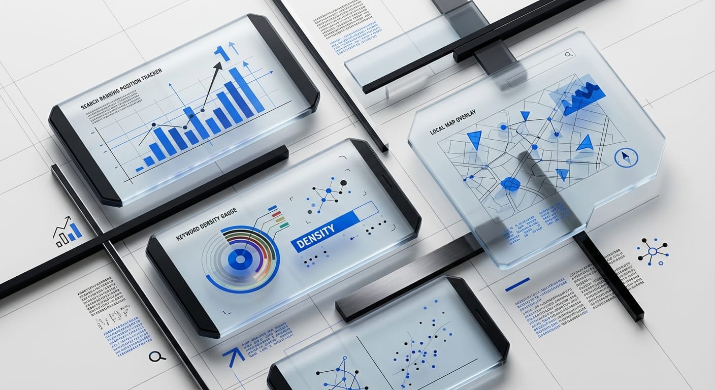 Abstract editorial illustration of glass screens showing local SEO analytics and search ranking dashboards