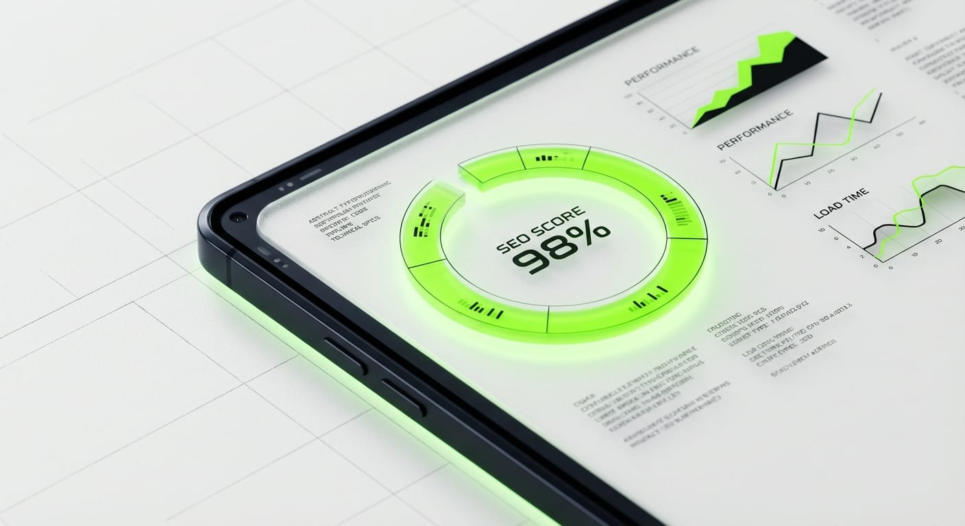 Abstract editorial illustration of a device screen showing SEO performance metrics with progress ring indicators