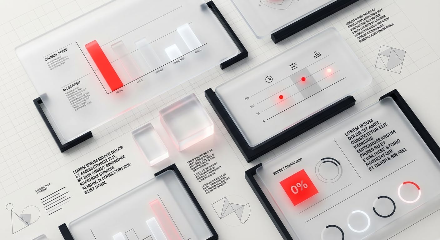 Abstract editorial illustration of glass screens showing digital marketing spending analysis charts