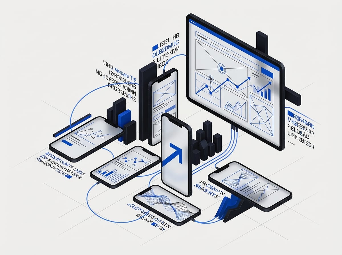 Abstract editorial illustration of floating device screens showing emerging digital marketing trend projections