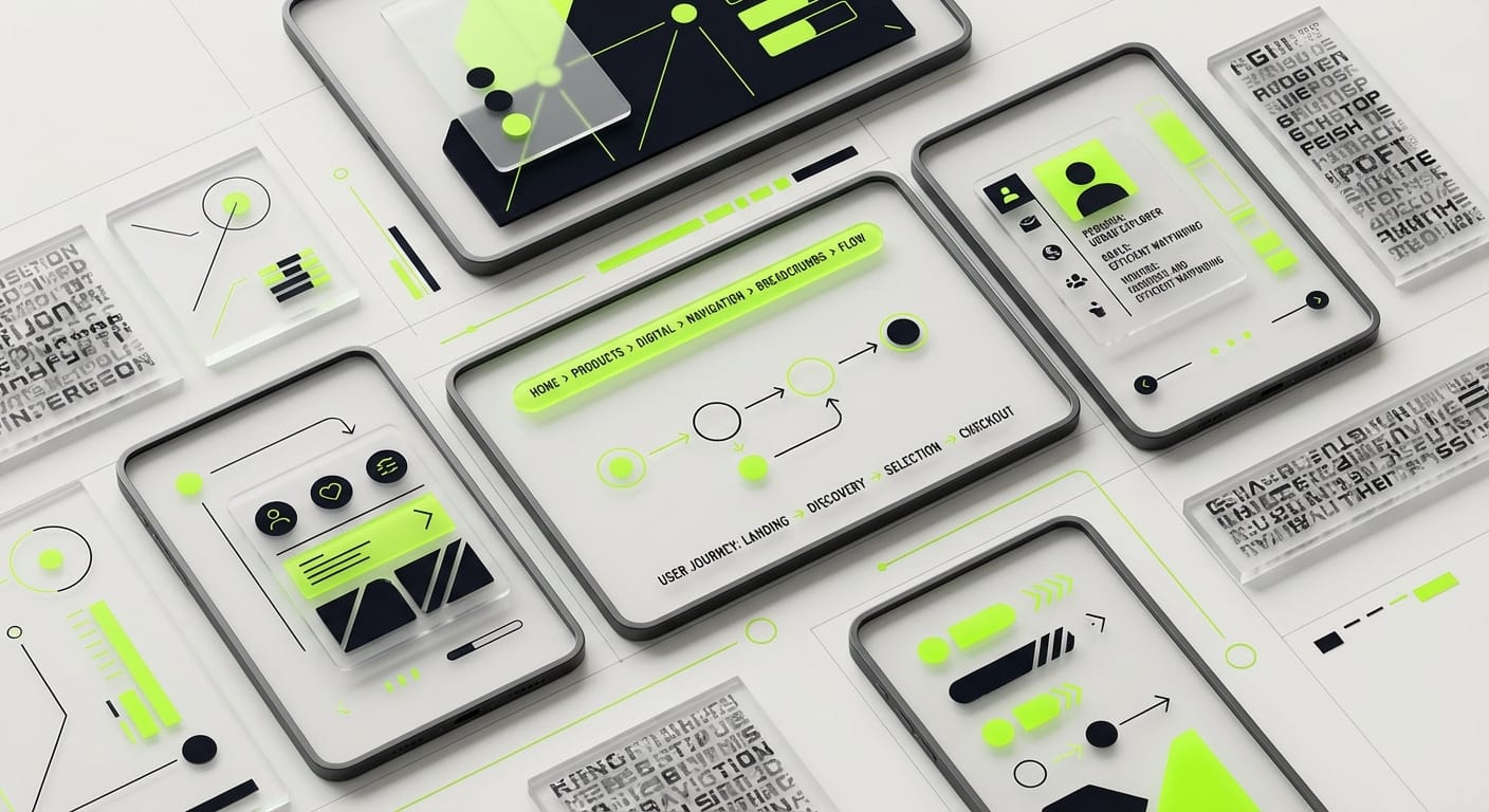 Abstract editorial illustration of minimal screens showing UX agency evaluation criteria and user journey interfaces