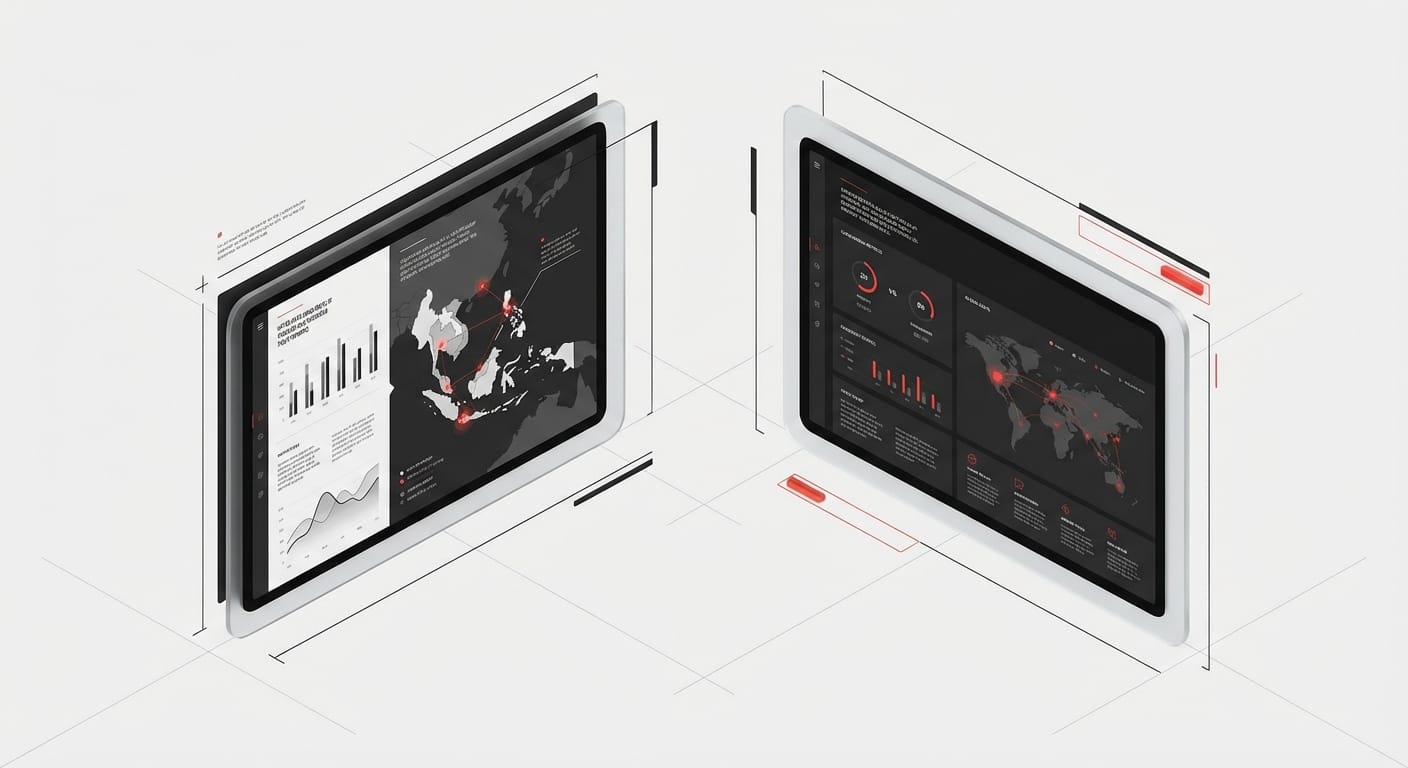 Abstract editorial illustration of side-by-side tablet screens comparing UX agency metrics across regions
