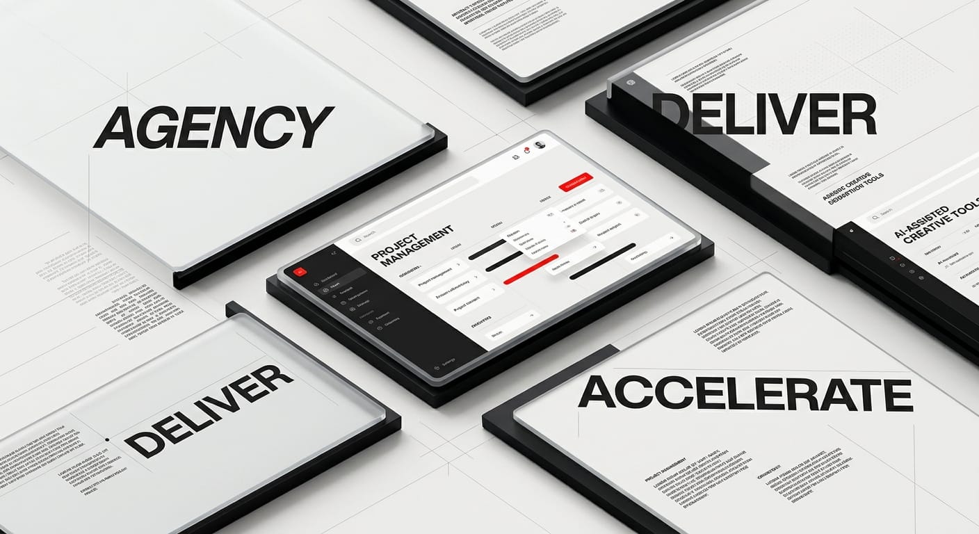 Design agency workflow dashboard showing AI-assisted tools and accelerated delivery