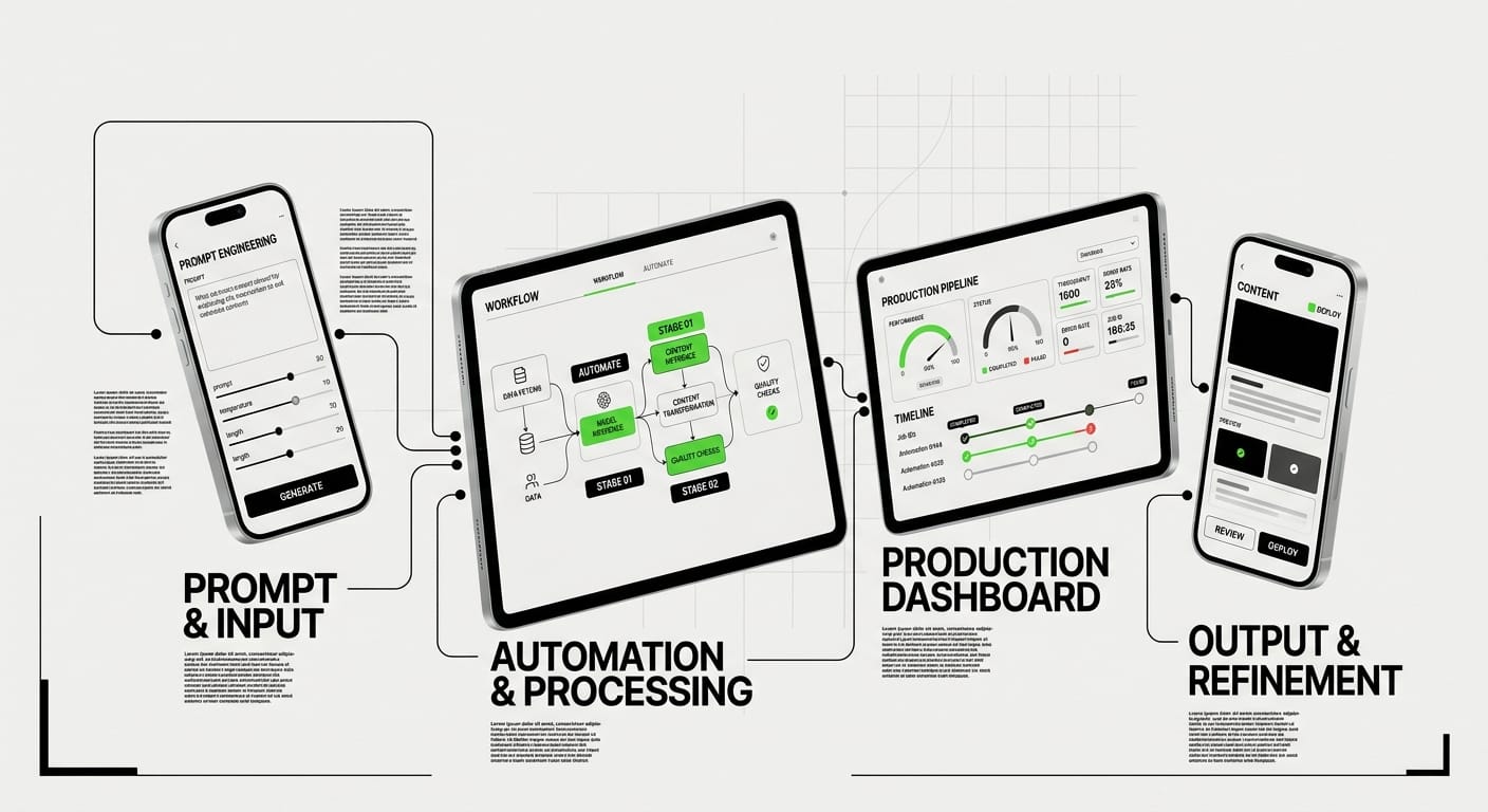 AI workflow automation interface showing prompt engineering and production pipelines