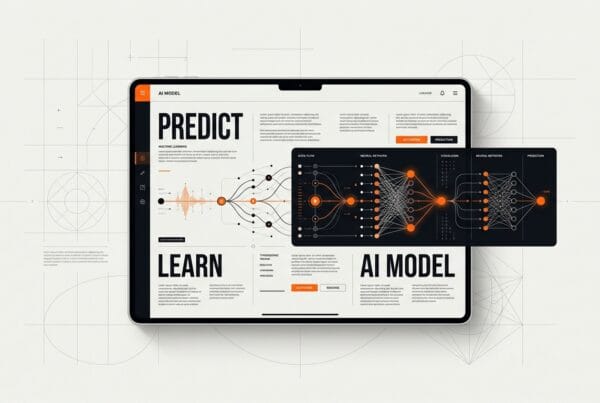 Machine learning interface showing neural network visualization and AI model patterns