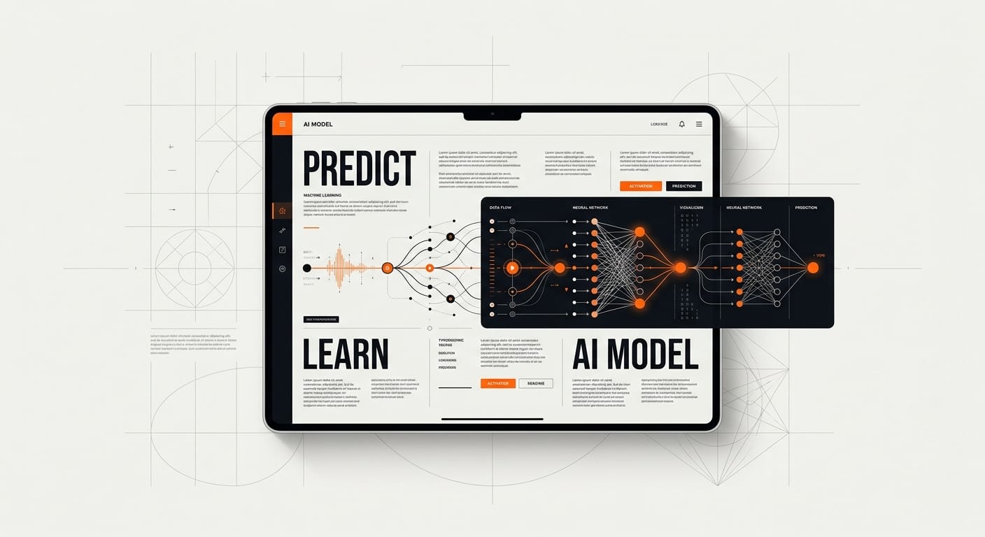Machine learning interface showing neural network visualization and AI model patterns