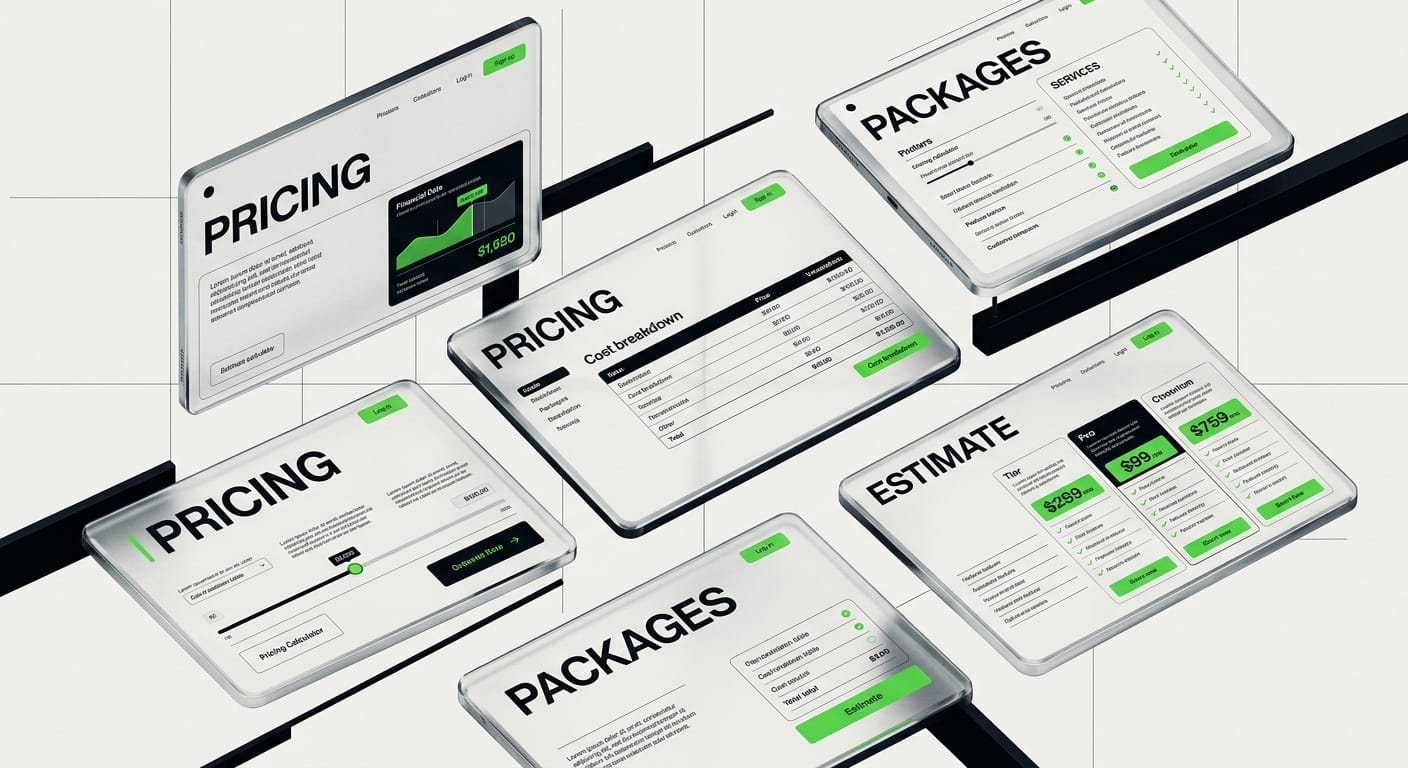 Website pricing calculator interface showing cost breakdown and service tiers