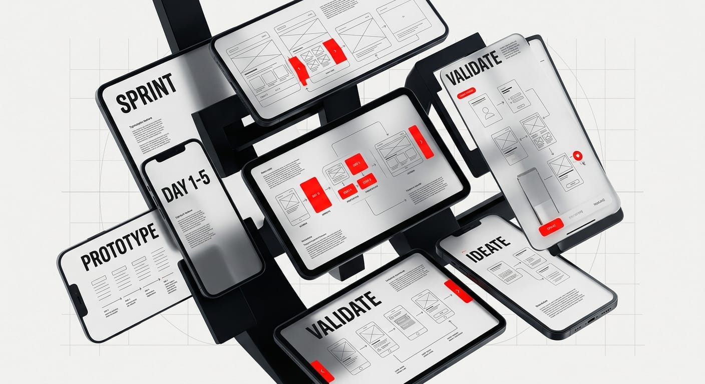 Design sprint process visualization showing wireframes and timeline workflows