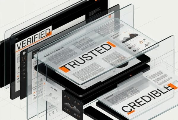 Digital health branding interface showing patient trust indicators and credibility badges