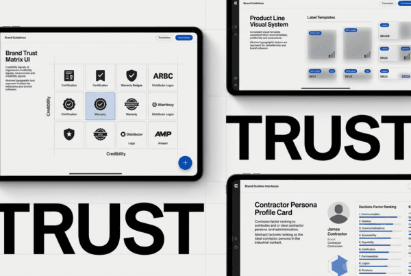 Brand guideline dashboard showing trust matrix and visual system UI for industrial brand design