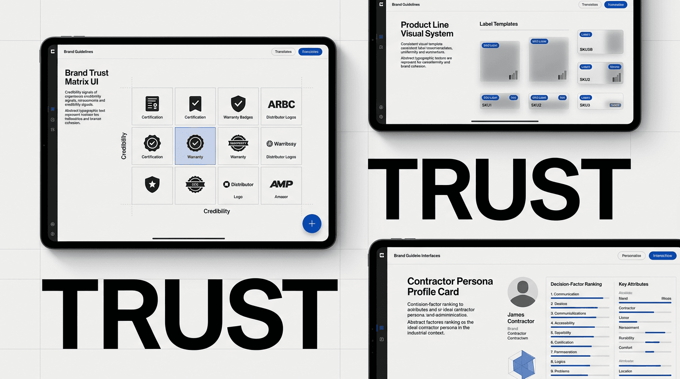 Brand guideline dashboard showing trust matrix and visual system UI for industrial brand design
