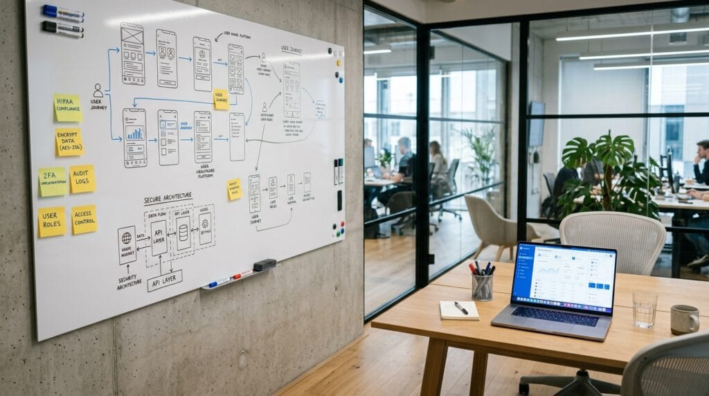 HIPAA compliance wireframes and security flow diagrams on whiteboard