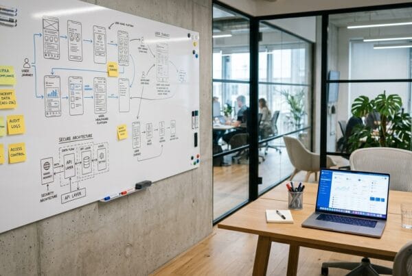 HIPAA compliance wireframes and security flow diagrams on whiteboard