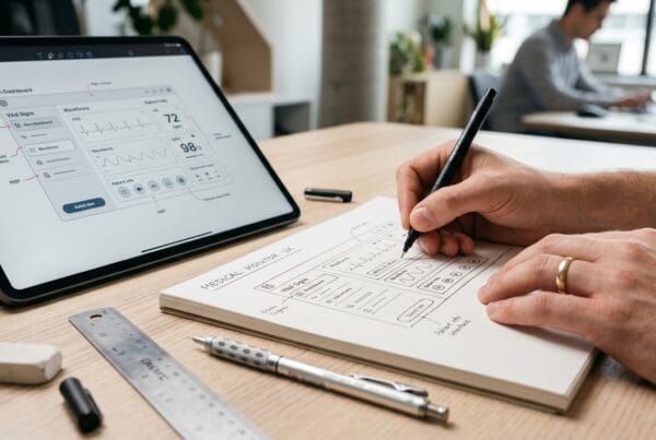 Designer sketching medical device interface wireframes