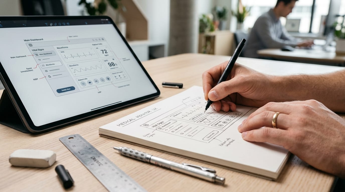 Designer sketching medical device interface wireframes