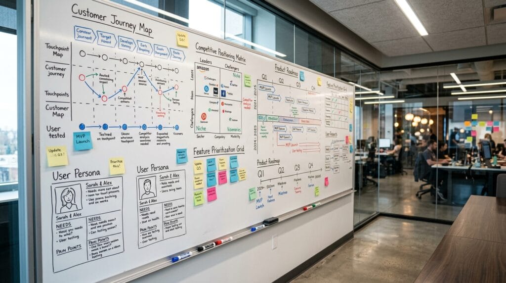 Product strategy diagrams and roadmap on conference room whiteboard