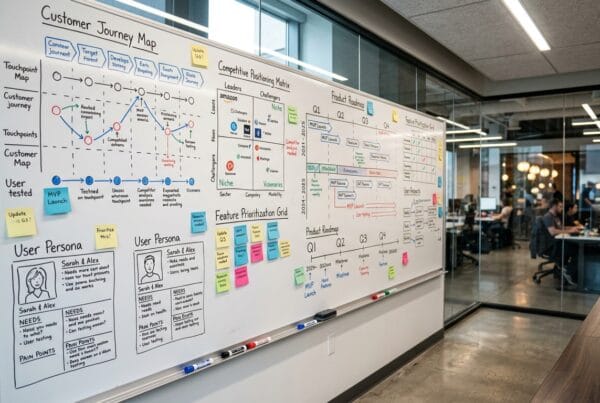 Product strategy diagrams and roadmap on conference room whiteboard