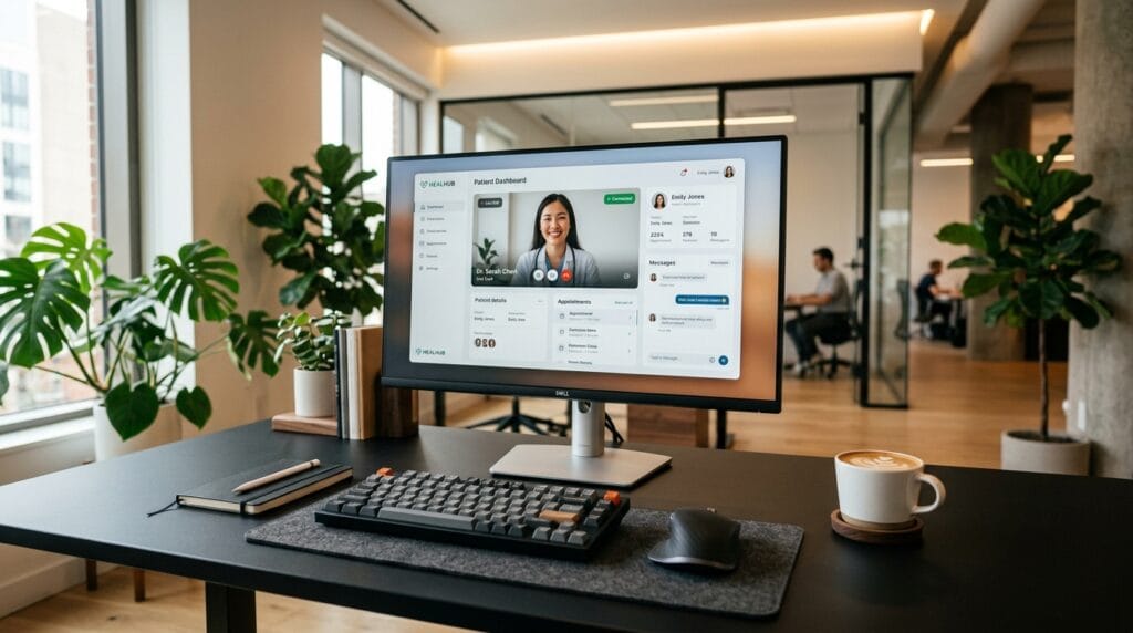 Telehealth app interface design on a modern studio monitor