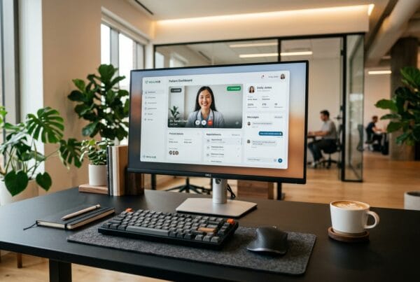 Telehealth app interface design on a modern studio monitor