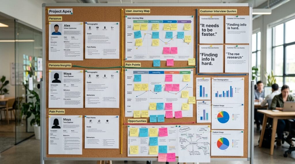 User persona research wall with journey maps and interview quotes