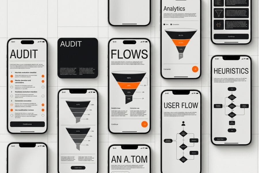 UX audit workflow for SaaS products showing heuristic evaluation and analytics review process