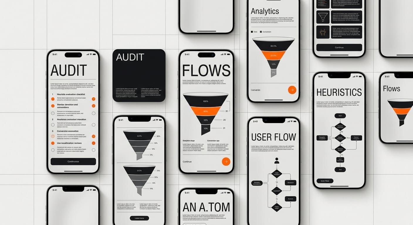 UX audit workflow for SaaS products showing heuristic evaluation and analytics review process