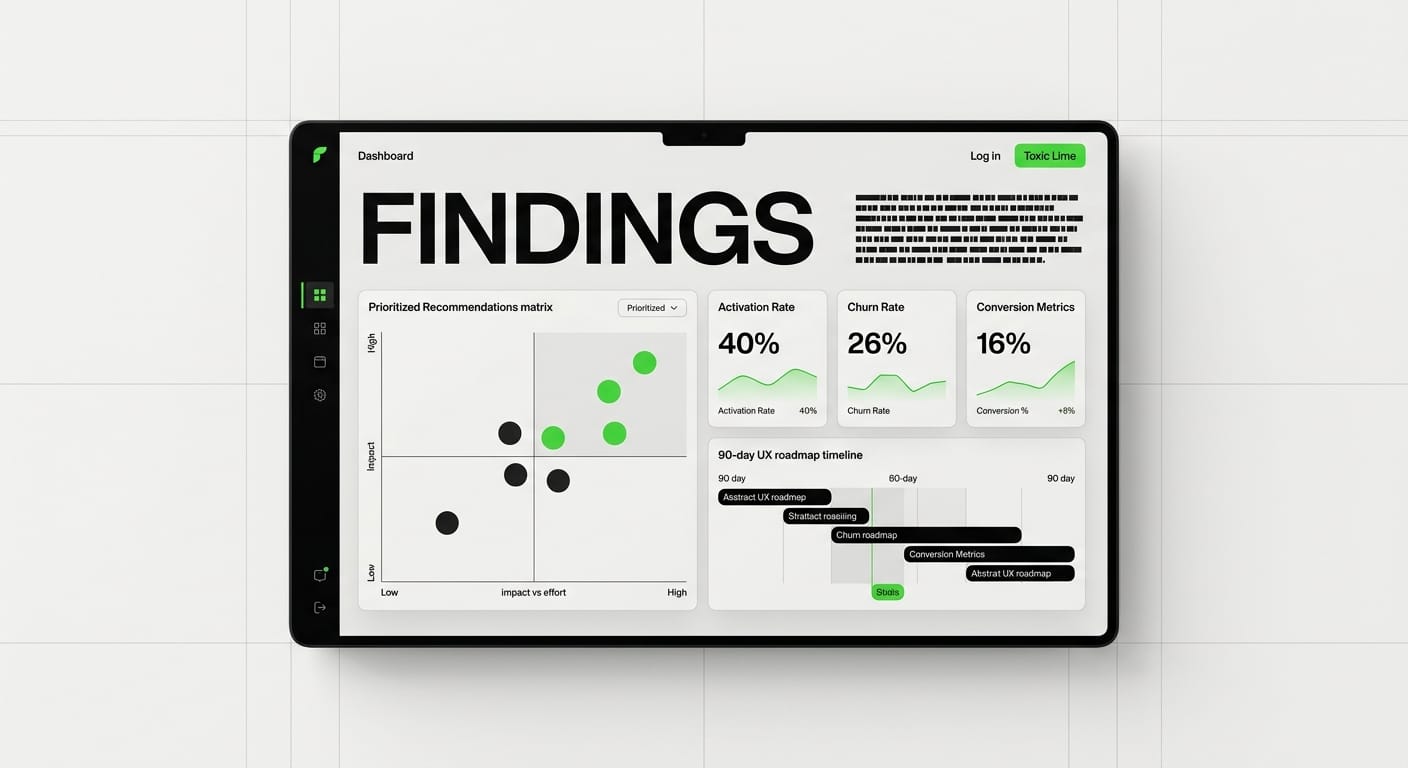 SaaS product UX audit deliverable showing prioritized recommendations and conversion metrics dashboard